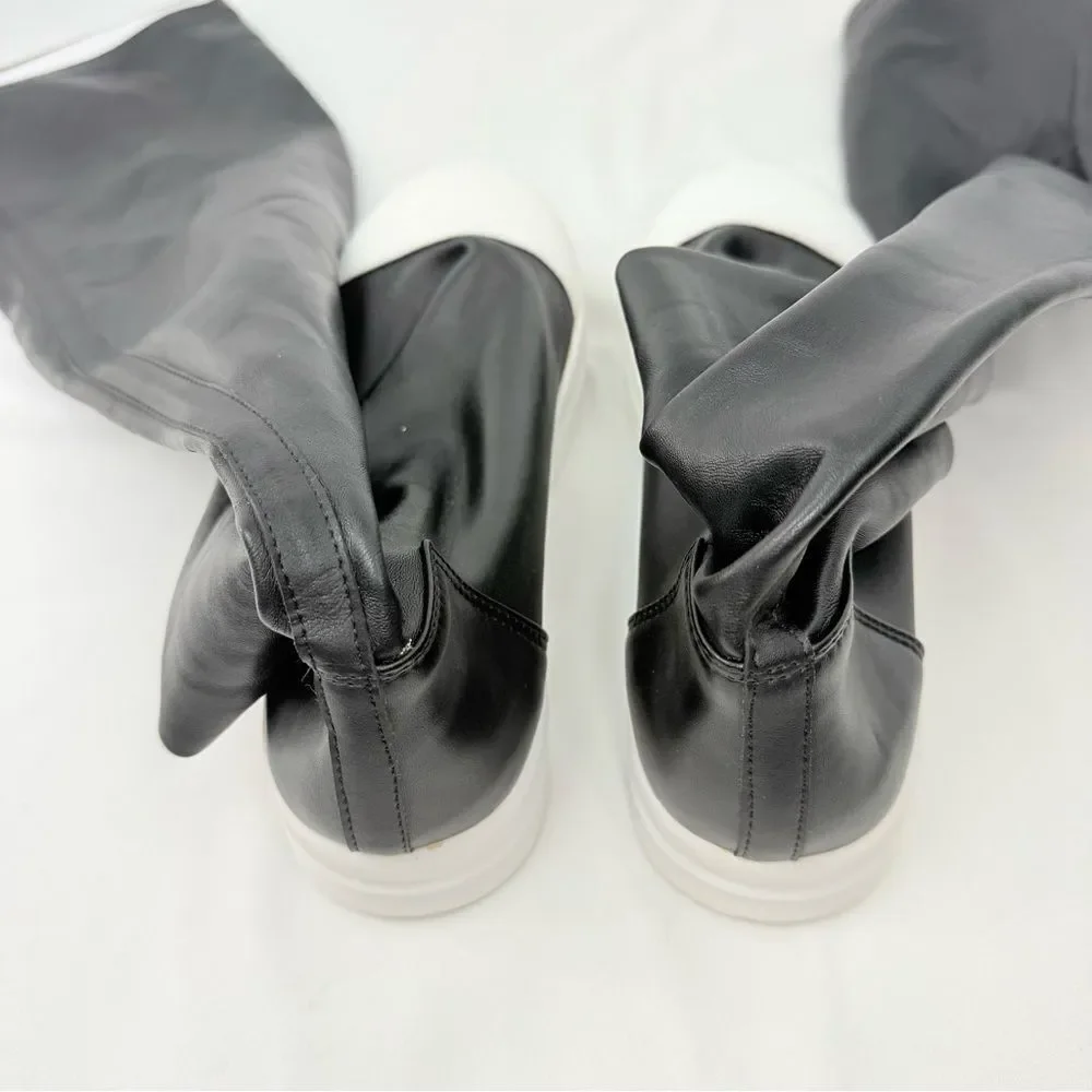 Kluolandi Black Faux Leather White Shoe Over the Knee Pull On Sneaker Boots